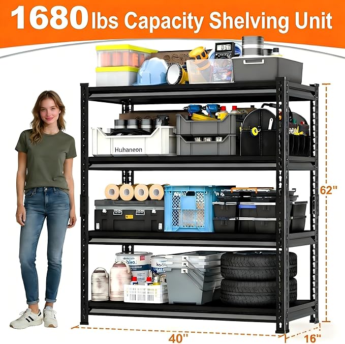 Metal Garage Shelving for Storage - 40'' W 1,680 Lbs Heavy Duty 4 Tier Utility Shelves Freestanding - Adjustable Rack Units for Basement Pantry Kitchen - 40" W x 16" D x 62" H Black