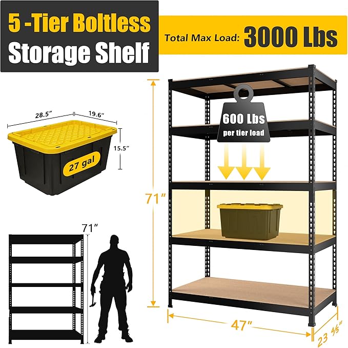 PrimeZone 47" W x 23.6" D x 71" H Large Heavy Duty Storage Shelves - 3 Pack 5 Tier Adjustable Garage Storage Shelving, Metal Storage Utility Rack Shelf Unit for Warehouse Pantry Closet Kitchen, Black