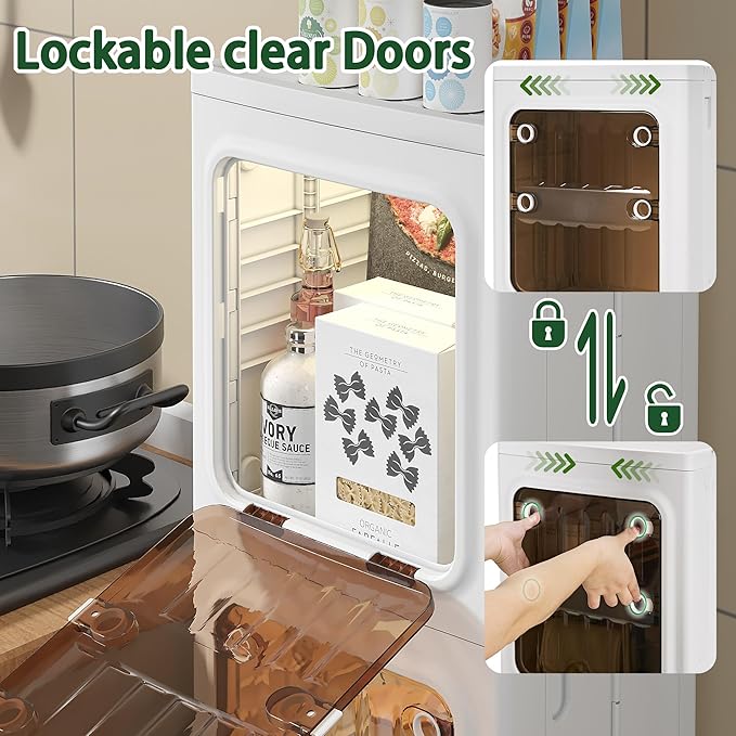 VECELO 98QT Stackable Storage Bins with Lids, Tall Slim 2-Tier Organizer with Wheels, Lockable Clear Doors, Foldable Storage Cabinet for Kitchen, Bathroom, Laundry & Bedroom