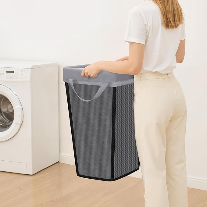 STO STO Laundry Basket 75L, Space-Saving Laundry Hamper for Small Spaces, Freestanding Clothes Hamper with Iron Frame, Removable Washable Liner, Laundry Organizer for Bedroom, Bathroom, Dorm, Gray