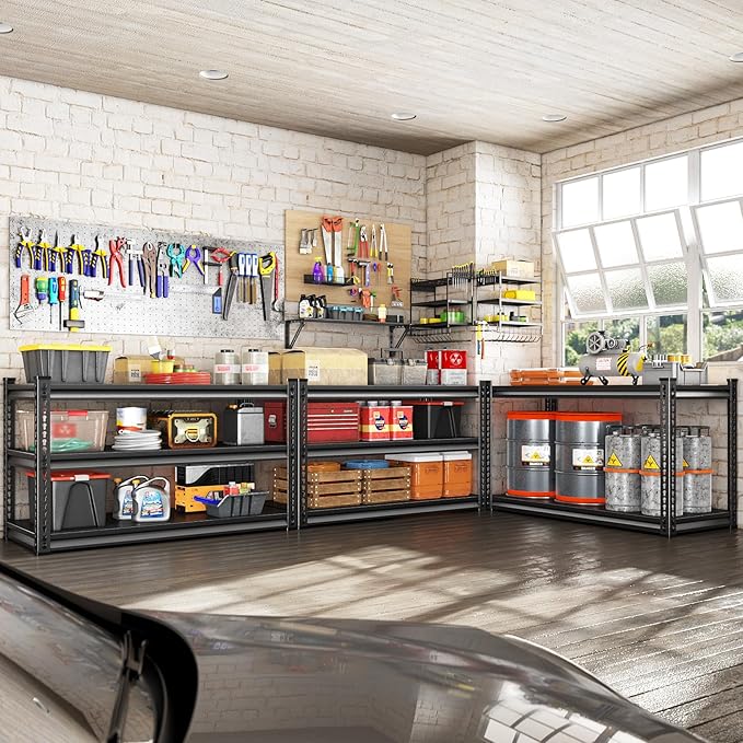 Metal Garage Shelving Heavy Duty，1530LBS Loads Garage Storage Shelves, 48”W 3-Tier Adjustable Storage Racks and Shelving Units for Garage Basement and Kitchen, 48”W x 18”D x 39”H,Black