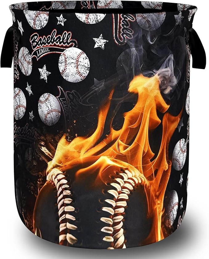 Foldable Funny Baseball Laundry Basket Sports Print Laundry Hamper With Handle Portable Oxford Cloth Clothes Storage Basket Laundry Bag 18.9"x16.5" For Laundry Room/Bedroom/Bathrooms