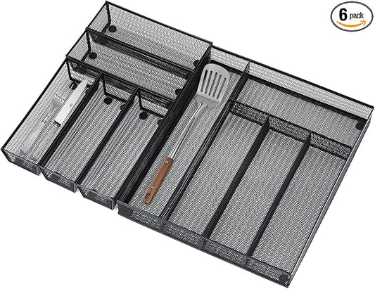 Neudeco Drawer Organizer Set 6 Pack - 5-Compartment Silverware Organizer Tray + 5 Utensil Trays, Kitchen Drawer Organizer for Flatware, Cutlery, Office Supplies, Black Mesh, Non-Slip.
