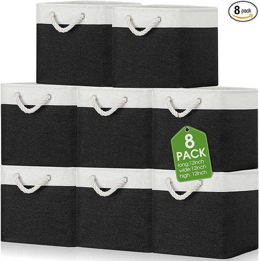 meekoo 8 Pack Collapsible Storage Bins Fabric Storage Bins Polyester Fabric Baskets with Handles Linen Closet Organizer for Shelf Home Closet Towels Toys(12 x 12 x 12 in,Black White)