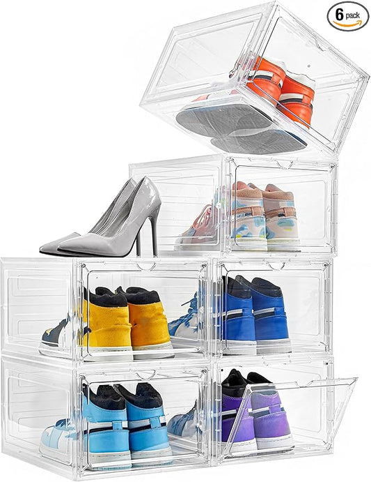 Attelite Shoe Box Organizer,Set of 6,Stackable Plastic Shoe Box with Clear Door, Shoe Storage Box Containers,For Display Sneakers,Easy Assembly,Fit up to US Size 12(13.4”x 10.6”x 7.4”)