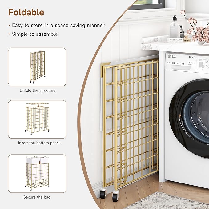 Laundry Basket with Wheels, Heavy Duty Laundry Sorter 2 Sections, 120L (32Gal.) Large Capacity Laundry Hamper with Wood Lid, 360 Rolling Wheels, Extra Side Pocket, Leather Pull Handle, Golden