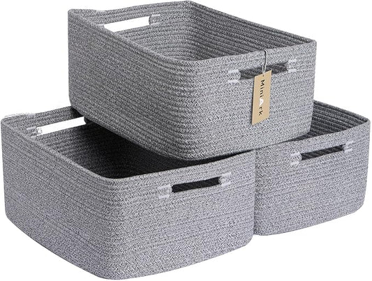 MiniArk Large Storage Baskets for Shelves, Closet Organizers Bins for Clothes Blanket Towels, Baby Nursery, Toy Baskets Box, Woven Rope Baskets, 17 x 13 x 7.5”, 3 Packs Mixed Grey