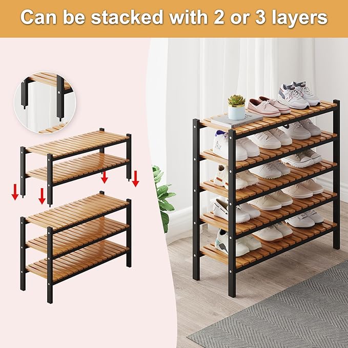 Bamboo Shoe Rack Organizer for Closet and Entryway - Space-Saving Narrow Shoe Stand - Versatile Shoe Holder for Door or Closet Shelf, Garage Bedroom can Freely Stack DIY Small Shoe Racks 2 Tier