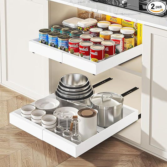 LEGUANG 2 Pack Expandable Pull-Out Cabinet Organizers (12.6-20.4" W x 21" D) - Upgraded 3 Quiet Slide Rails, Nano-Film Adhesive Fixing, White, Fit Kitchen/Living Room/Bathroom/Vanity