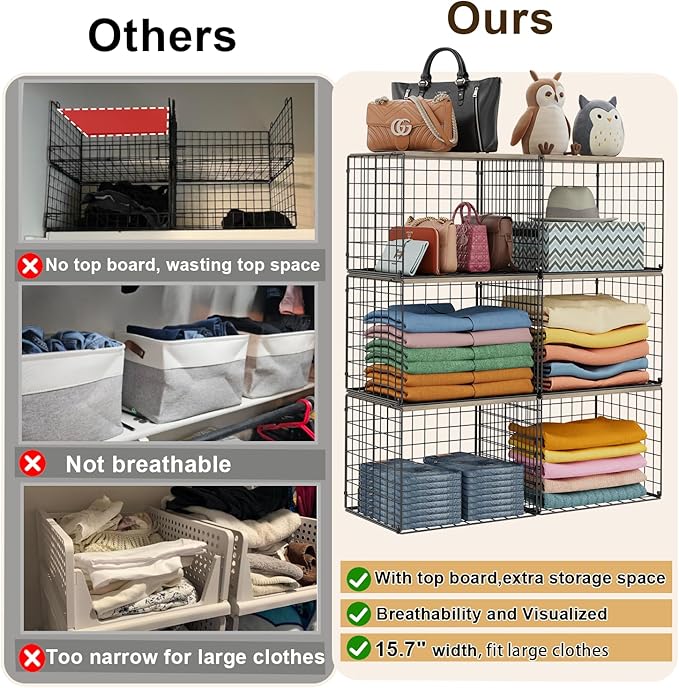 4PCS Wider Closet Organizers and Storage, Stackable Closet Shelf Organizer Storage Bins with Wood Top for Sweaters Jeans, Clothes Organizer Shelves for Wardrobe System Rack, Space-Saving,Sturdy Metal
