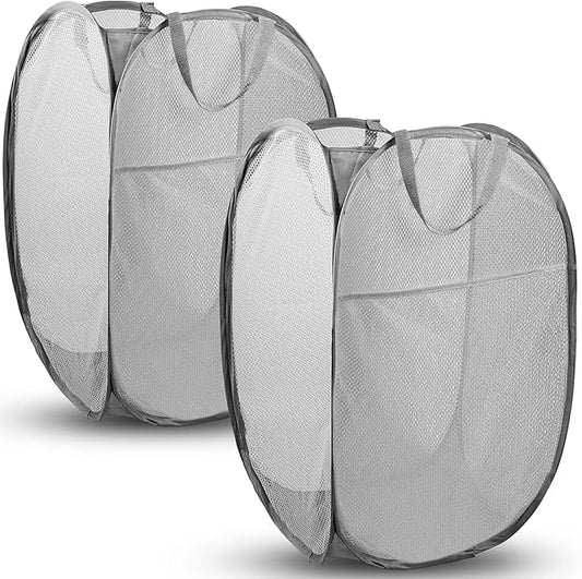 DUCOO Pop Up Laundry Hamper, 70L Collapsible Mesh Laundry Basket with Side Pocket, Foldable Dirty Clothes Hamper with Sturdy Reinforced Handles for Home Dorm Bedroom Travel Storage, Gray, 2Pack