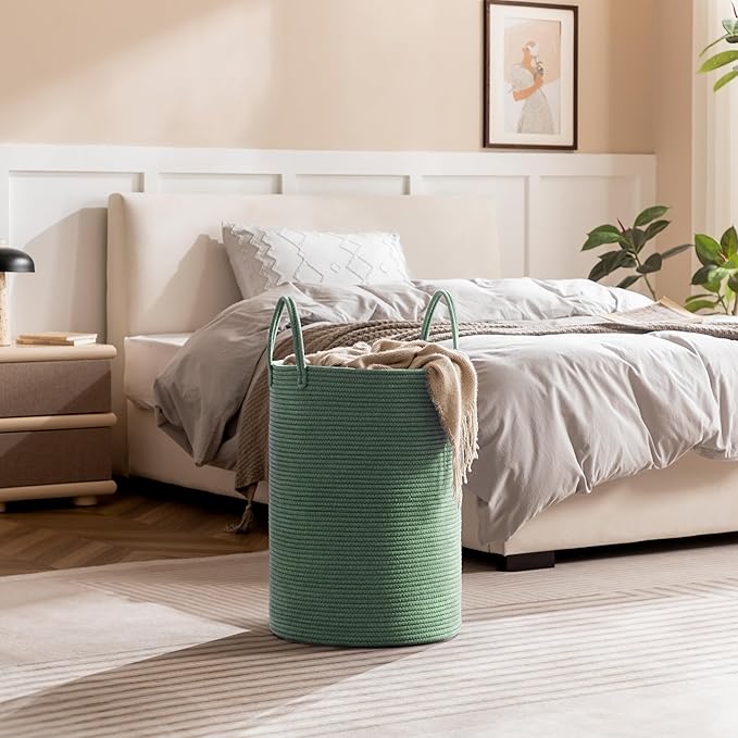 Laundry Basket, 52L Woven Laundry Hamper, Baby Nursery Hamper for Toys, Blanket Basket for Living Room, Clothes Hamper for Bedroom&Baby Room, Green