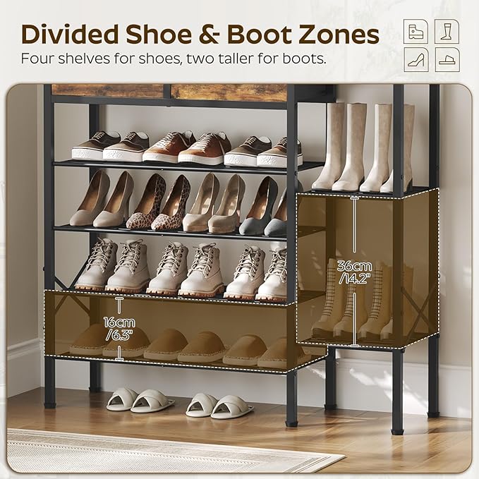 YATINEY 6-Tier Shoe Rack for Entryway, Freestanding Shoe Shelf with 2 Drawers and Tabletop, Metal Shoe Organizer for Closet, Entryway Shoe Storage Holds 26 Pairs, Rustic Brown and Black SS13BR