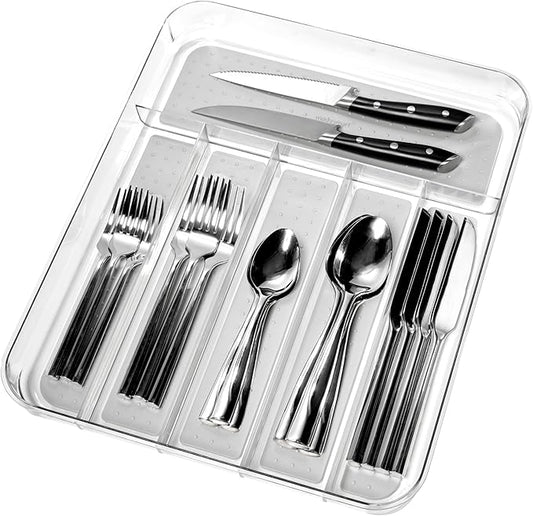 madesmart Premium Clear Silverware Tray, 6 Compartment Flatware Organizer for Forks, Knives & Spoons, Soft Grip Lining & Non Slip Base, Grey