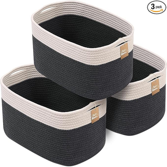 CHAT BLANC Cotton Rope Baskets for Organizing, Shelves, Toys, Storage, Shoe, Bathroom, Laundry, Towel, Nursery, Home Decor, Blanket, Cloth Woven Bins Fabric (Creamy White & Graphite, 15"x10"x9")