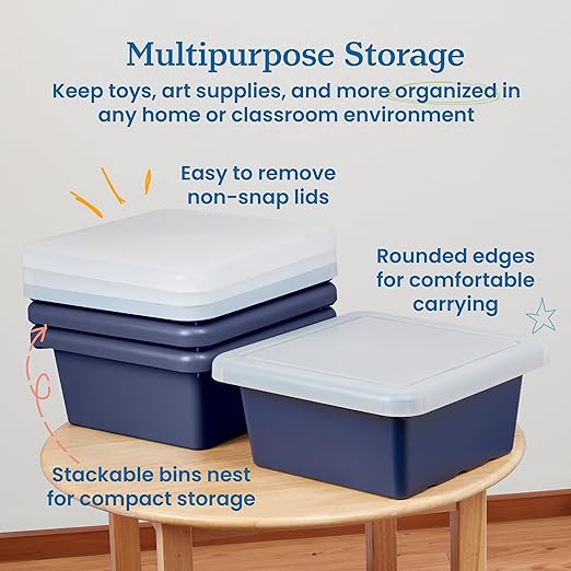 ECR4Kids Stackable Square Bins with Non-Snap Lids, Multipurpose Organization, Navy, 4-Pack