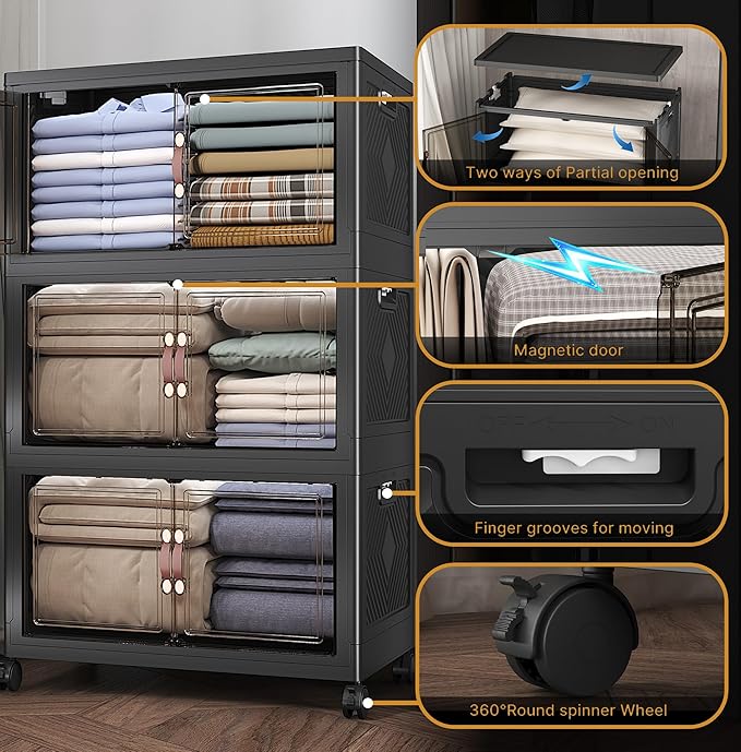 UAMFURI Extra Large Stackable Storage Bins with Lids & Wheels, 360QT-120QT/30GAL*3Pack Foldable Collapsible Closet Organizers Storage Cabinet with Doors for Bedroom Dorm