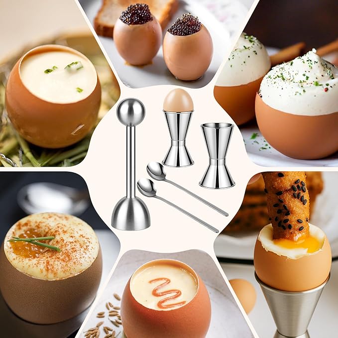 Egg Cups For Soft Boiled Eggs Set Of 5 - Includes 1 Stainless Steel Egg Cutter & 2 Egg Spoons & 2 Soft Boiled Egg Holder, Effortless & Precise Cracking - For Breakfast, Afternoon Tea, Parties