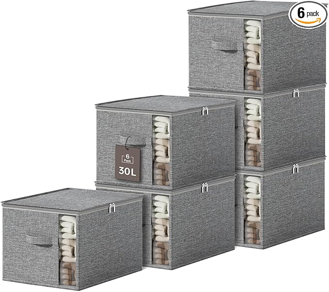 Clothes Storage Bins with Sturdy Frames, Foldable Fabric Clothing Organizer Box for Moving, Sweater Storage Cube with Lids and Zipper, Linen Closet Storage Bags for Blankets, Clothes, Sheet