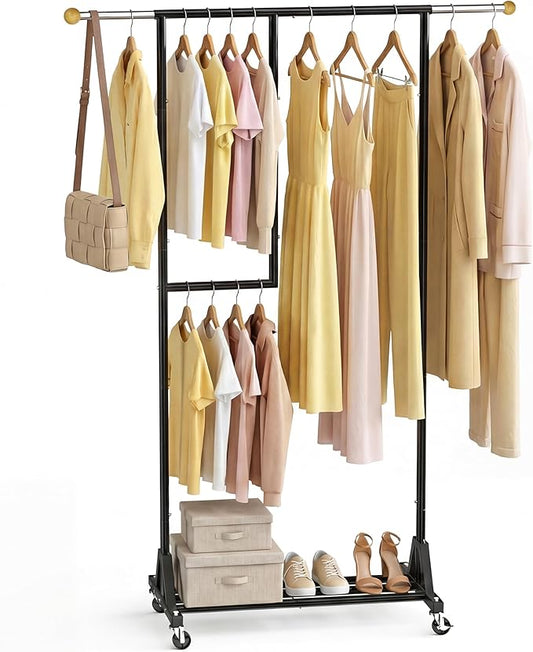 Rolling Clothing Rack with Bottom Storage Shelf & lockable Casters, Multi-tier Retractable Sturdy Garment Rack for Hanging Coats, Dresses - Ideal for Bedroom, Closet & Laundry Room ( Taller version )