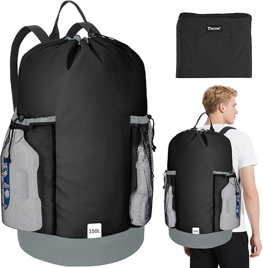 BALEINE 2PK 150L Laundry Bag Backpack, 900D Oxford Fabric Large Travel Laundry Bags with Shoulder Straps and 2 Mesh Pockets for College Dorm, Apartment, Laundromat (Black, 150L)