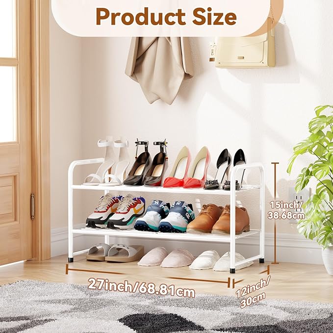 Shoe Rack for Closet, 2 Tier Heavy Duty Metal Shoe Shelf for Entryway, Stackable, White