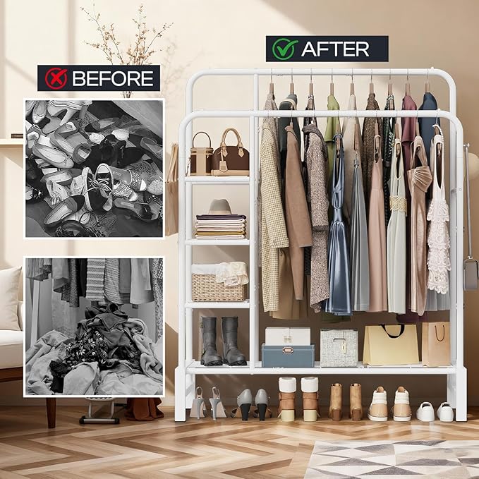 Clothes Rack for Hanging Clothes, Double Rods Clothing Rack with 3 Tier Storage Shelves, Multifunctional Heavy Duty Clothes Rack with Hooks for Bedroom, Laundry, Wardrobe Closet, White