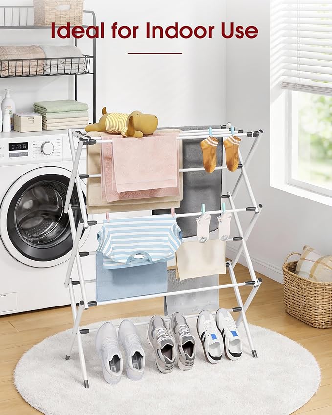 Sakugi Foldable Clothes Drying Rack – Metal Laundry Drying Rack with Non-Slip Feet, 3-Tier Space-Saving Clothing Rack for Organization, Indoor & Outdoor Use, 11.4"D x 29.1"W x 37.4"H, White and Black