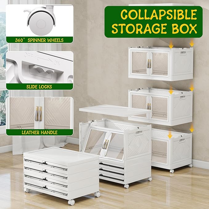 UAMFURI Stackable Storage Bins with Doors & Lids & Wheels, Foldable Collapsible Closet Organizers, Large Storage Cabinet for Bedroom Dorm (4, M)