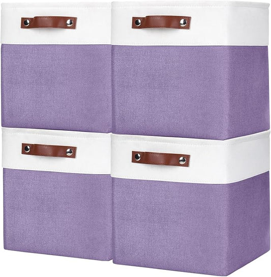 Bagnizer Collapsible Fabric Storage Cubes 11x11 Cube Storage Bins, 4 Pack Closet Baskets Box with Handles for Organizing, Shelf, Toys, Clothes, Home, Office, Nursery (Purple&White)