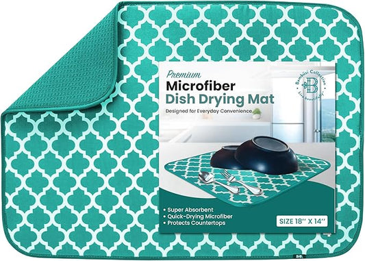Dish Drying Mat - Microfiber Kitchen Counter Mat, Super Absorbent & Quick Dry Dish Drying Pad for Dishes, Utensils, Pots & Pans - Large Reversible Drying Mat for Kitchen Countertops, Coffee Bar, Green