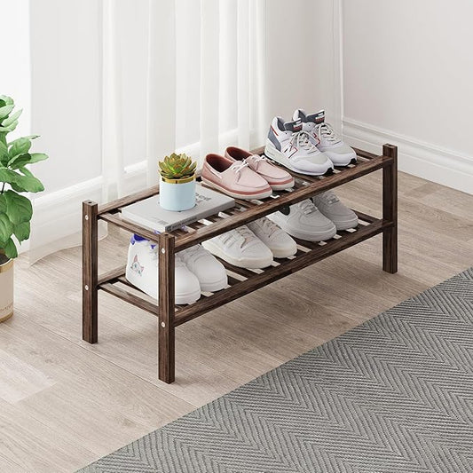 Bamboo Shoe Rack Organizer for Closet and Entryway - Space-Saving Narrow Shoe Stand - Versatile Shoe Holder for Door or Closet Shelf,Garage Bedroom can Freely Stack DIY Small Shoe Racks 2Tier Brown