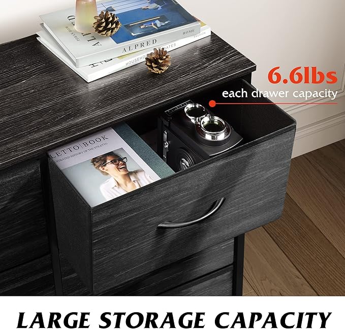 WLIVE Black Dresser for Bedroom, 6 Drawer Dresser, Storage Tower with Fabric Bins, Chest of Drawers for Closet, Living Room, Hallway