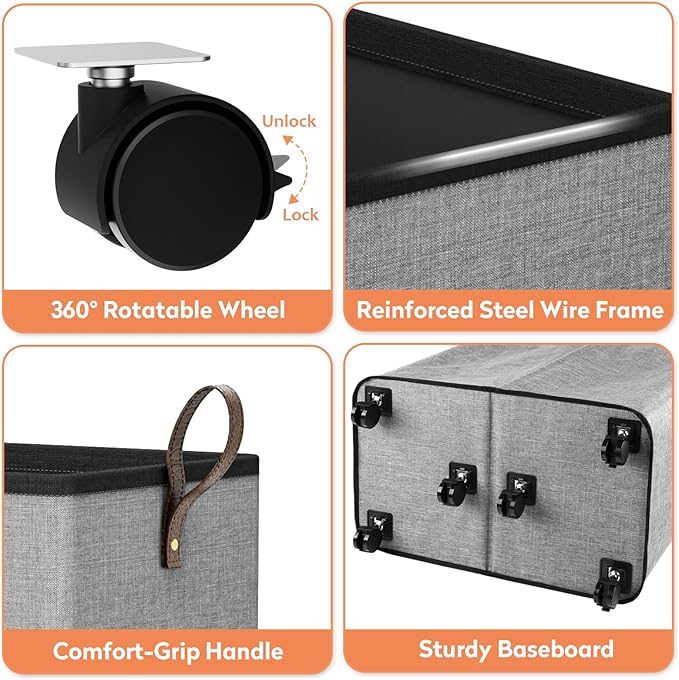 SpaceTrove Laundry Basket with Wheels, Collapsible Laundry Baskets, Laundry Hamper with Handles Detachable Wheels, Rolling Laundry Basket, Dirty Clothes Hamper for Bathroom, Dorm, Bedroom, Grey, 136L
