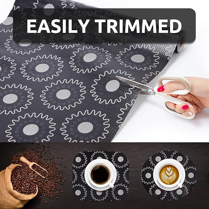 18X96 Inch Shelf Liner for Kitchen Cabinets, PVC Drawer Liner for Dresser Non-Slip Bathroom, Non-Adhesive Cabinet Liner Washable (Black Circle)(1 Roll)