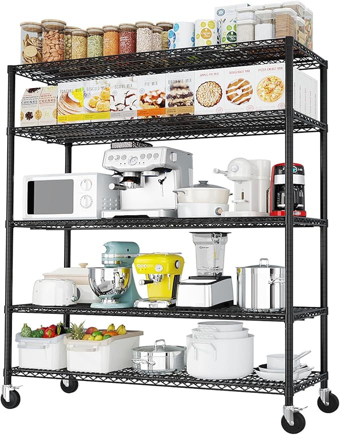 5 Tier Storage Racks Shelving, Heavy Steel Pantry Shelves, Adjustable Wire Shelving Rack with Wheels, Suitable for Garage, Kitchen, Bathroom, Office, 55" W x 24" D x 76" H, Black