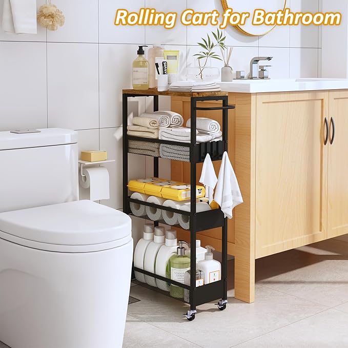 Vincona Slim Rolling Utility Cart, 4 Tier Metal Narrow Storage Cart with Handle and Wood Top, Multifunctional Small Mobile Shelf Unit Organizer Trolley for Laundry, Bathroom, Kitchen