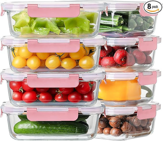 8 Pack 36oz Large Glass Meal Prep Containers with lids, Glass Food Storage Containers with Leak Proof Snap Lock Lids , Airtight Bento lunch Boxes, Kitchen Storage, Oven and Dishwasher Safe-Pink