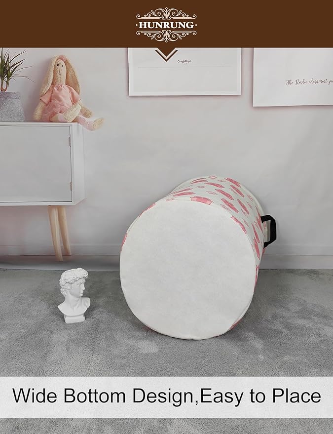 HUNRUNG Collapsible Fabric Storage Basket, Waterproof Laundry Hamper with Handles, Round Storage Bin for Clothes Toys, Foldable Organizer for Bedroom Nursery Bathroom(Round-Pink Paw)