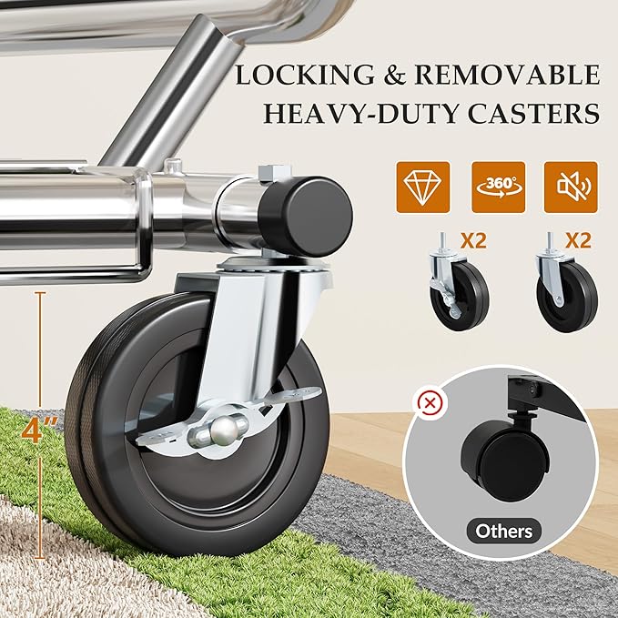 Gewudraw Heavy Duty Clothes Rack Load 900 Lbs, Double Rod Rolling Clothing Rack With Sturdy Wheel And Shelves，Adjustable Portable Hanging Rack For Clothes,Silver Stainless Steel