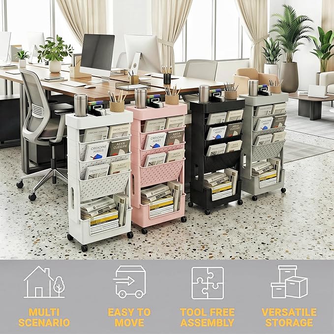 5-Tier Mobile Bookshelf, Rolling Bookcase Book Storage Rack, Movable File Folder Organizer Cart with Wheels for Home Study Office Living Room Classroom, Gray