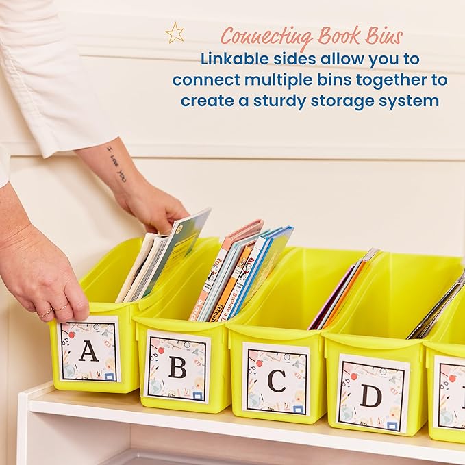 ECR4Kids Linking Plastic Storage Book Bin, Multipurpose Organization, Neon Yellow, 10-Piece