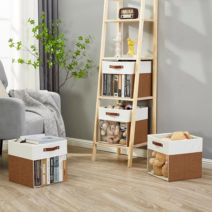 Bagnizer Storage Cubes, 4 Pack Linen Foldable Storage Bins (13 x 13 inch) with Clear Window and Handles, Fabric Organizer for Shelf Closet, Clothes, Books - (Brown and White)