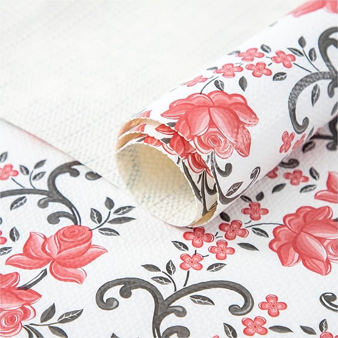 FIFTY FEET 12X120 Inch Shelf Liner for Kitchen Cabinets, PVC Drawer Liner for Dresser Non-Slip Bathroom, Non-Adhesive Cabinet Liner Washable (Red Floral)(1 Roll)