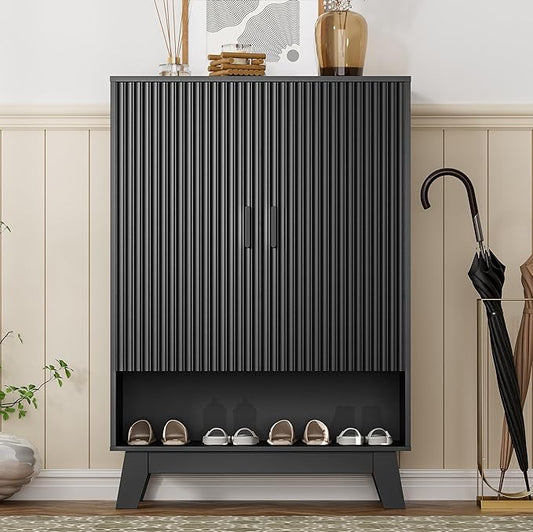 Shoe Cabinet Storage for Entryway, 5 Tier Fluted Shoe Storage Cabinet with Wooden Legs, Narrow Hidden Shoe Organizer with Adjustable Shelves, Freestanding Shoe Rack for Entryway, Hallway, Black