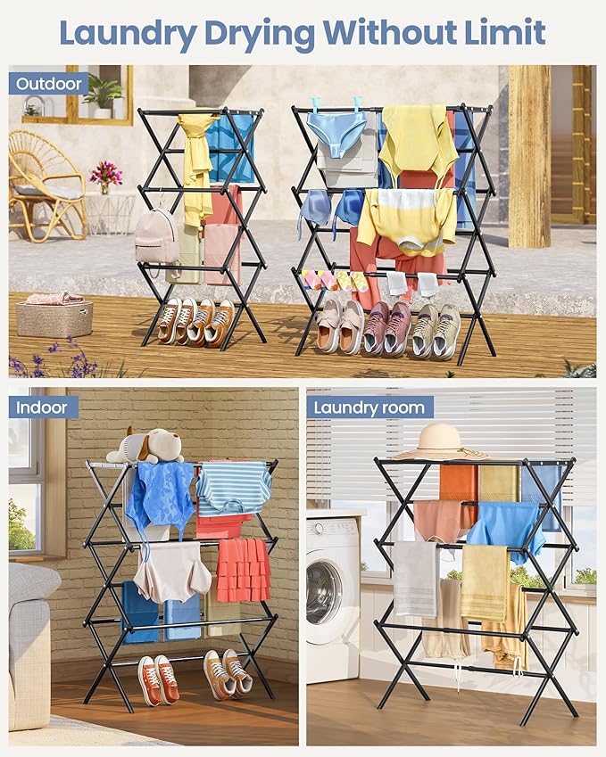 APEXCHASER Clothes Drying Rack, 3-Tier Laundry Drying Rack for Clothes, Expandable Metal Clothing Dryer, Collapsible Towel Rack, Air Drying Rack, Black