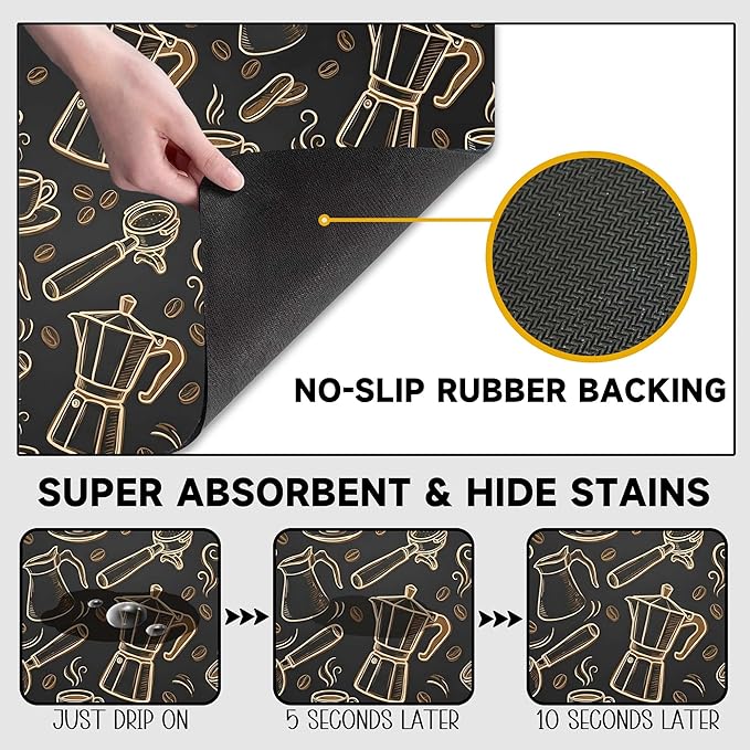 Black and Gold Coffee Tool Coffee Drying Mat 12" x 19", Absorbent Waterproof Coffee Station Mat, Protects Countertops from Spills Stains for Coffee Makers and Home Baristas