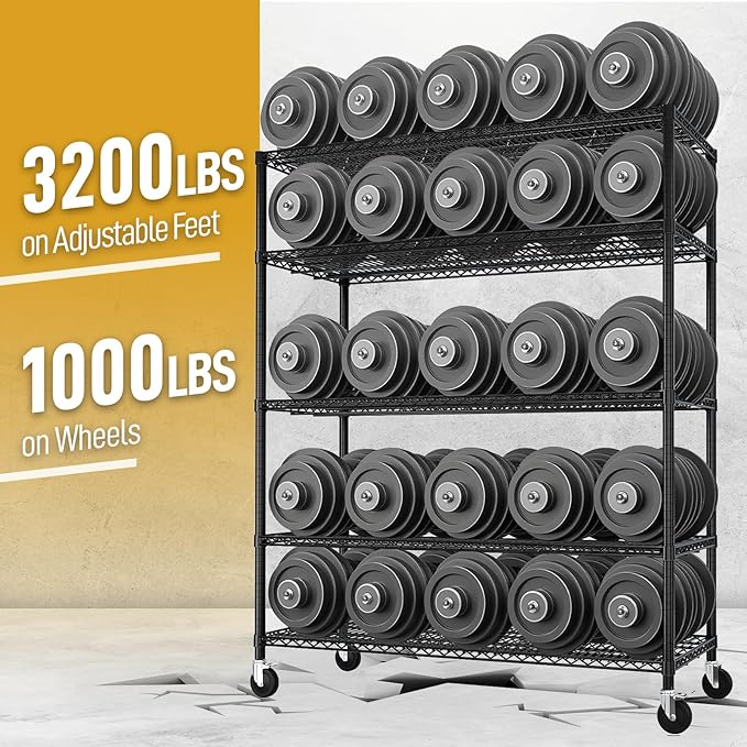 5 Tier Storage Racks Shelving, Heavy Steel Pantry Shelves, Adjustable Wire Shelving Rack with Wheels, Suitable for Garage, Kitchen, Bathroom, Office, 55" W x 24" D x 76" H, Black