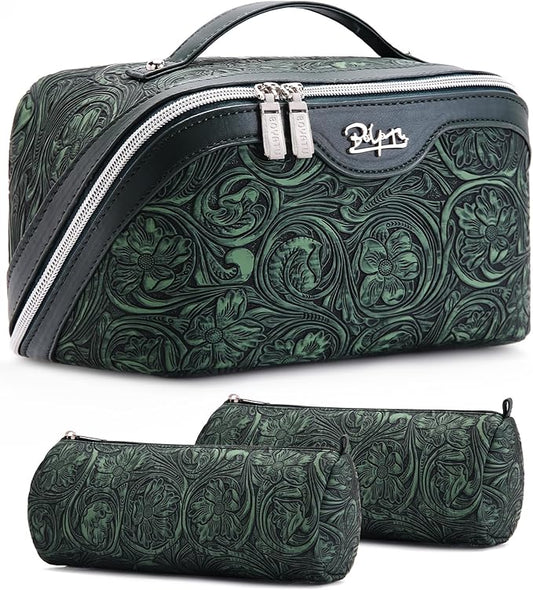 BOYATU Travel Makeup Bags Cosmetic Organizer Bag: 3 Pcs Set Large Capacity Floral Make up Bag with Compartments - Waterproof Leather Toiletry Bags with Handle for Women (18-Green)
