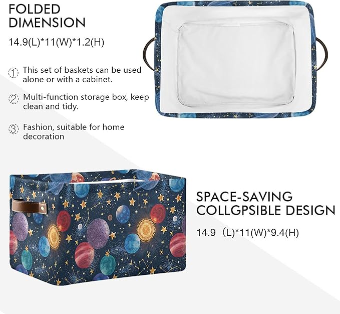 xigua Cartoon Planets Storage Basket Collapsible Storage Bins Waterproof Canvas Storage Basket with Leather Handles for Home Closets Offices,Bedrooms,Gift Baskets,2PCS